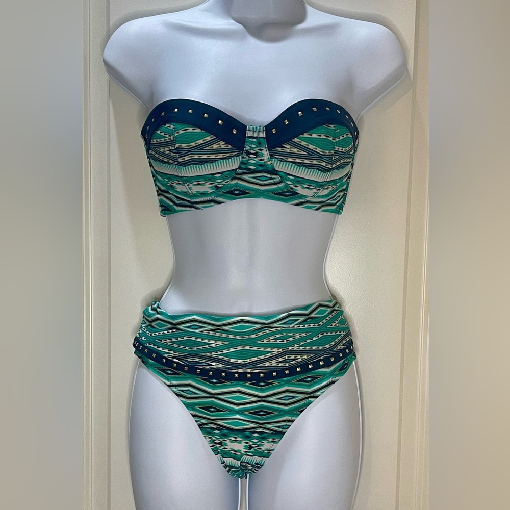 Jessica Simpson Aztec Studded Bandeau Bikini Teal and Navy Size Medium